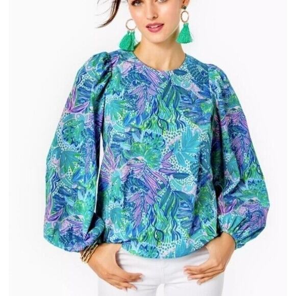 NWT LILLY PULITZER XXS Lynnley Blouse top Balloon Sleeve Floral Colorful blue - Picture 1 of 10